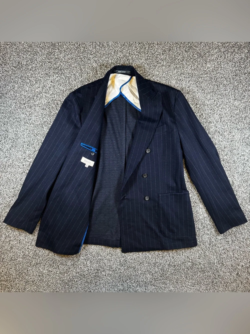 Hagen Carmel Men’s 44 Navy Chalkstripe Double Breasted Sport Coat Blazer Italian